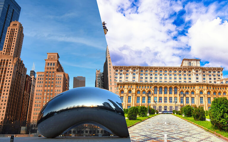 Bucharest Parliament, and Chicago Cityline